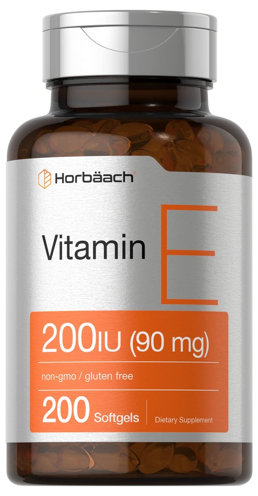 Horbäach Vitamin E Softgel Kapseln 200 IU | 90 mg Supplement | 200 Count | Non-GMO und glutenfreie Formel