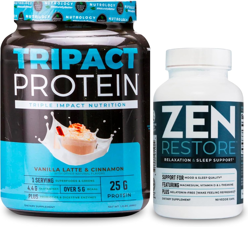 Nutrologie TRIPACT Protein Pulver, 7-in-1 Meal Ersatz Shake, Vanille Latte Cinnamon Flavor (20 Servierungen) Zen Natural Magnesium Supplement (30 Servierungen)