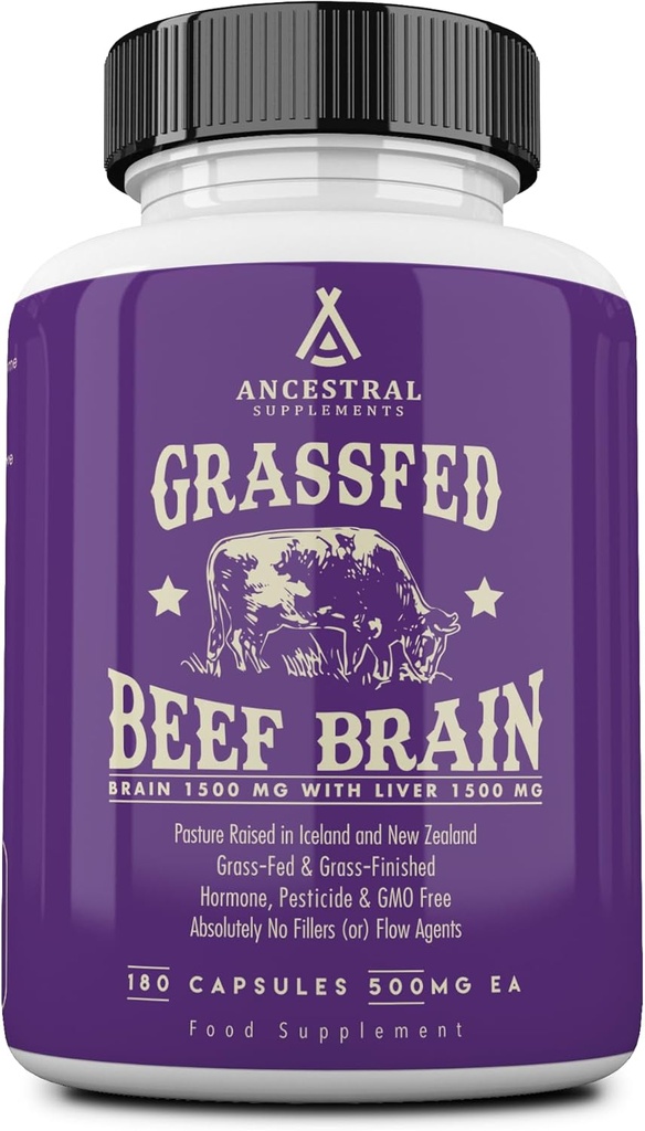 Ancestral Supplements Gras Fed Beef Brain Supplement mit Rindfleisch Liver, Ganze Nahrung Brain Unterstützung fördert Gehirn, Stimmung und Gedächtnis Gesundheit, Gehirn und Leber Gesundheit Formel Kapseln, Non-GMO, 180 Kapseln