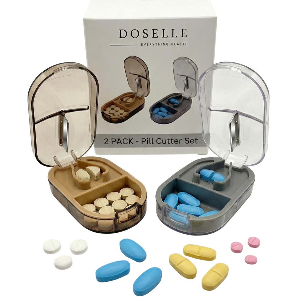 2 Pack Pill Cutter for Small or Large Pills – Professional Medicine Splitter with Clear Cover & V-Grip Centering Device – Accurate 1/2 & 1/4 Cuts for Oval & Round Tablets (Gray & Brown)