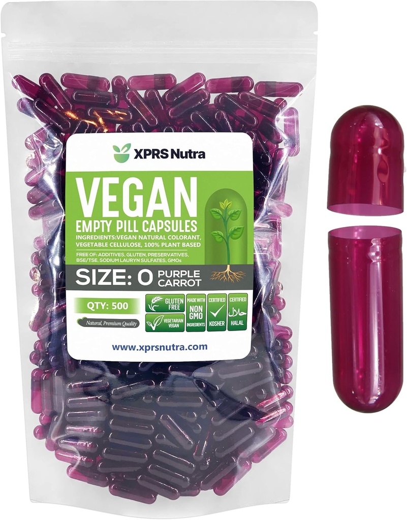 XPRS Nutra Size 0 Empty Capsules - 500 Count Empty Vegan Capsules - Vegetarian Pills - DIY Vegetable Capsule Filling - Veggie Pill Caps for Do-It-Yourself Supplements (Purple Carrot)