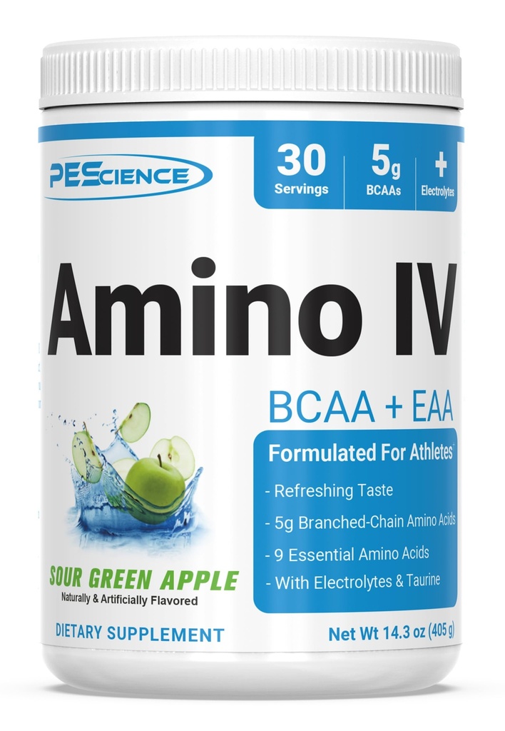 PEScience Amino IV BCAA & EAA Pulver, essentielle Aminosäuren, Taurine, Elektrolyte für Hydration und Muskelrückgewinnung, Zucker frei für Männer und Frauen, Post Workout - Saure Grüner Apfel - 30 Servietten