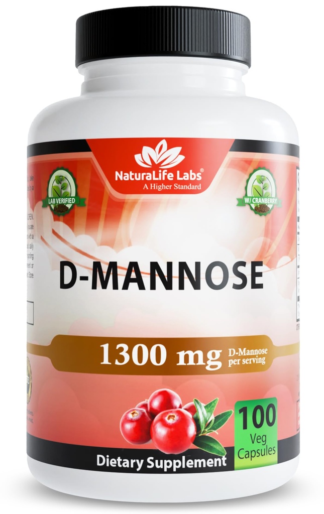 NaturaLife Labs Bio D-Mannose 1300 mg mit Bio Cranberry Extrakt 100 mg pro Portion – 100 Kapseln – Non-GMO, Glutenfrei, Vegan