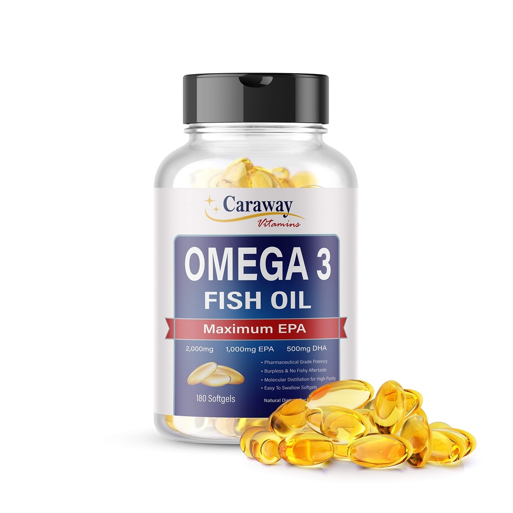 Omega 3 Huile de poisson 2000mg- Classe pharmaceutique. 1000mg EPA 500mg DHA. Capsules sans Burpless sans arrière-goût de poisson. Tous naturels, biologiques, non OGM, sans gluten pour les hommes et les femmes.
