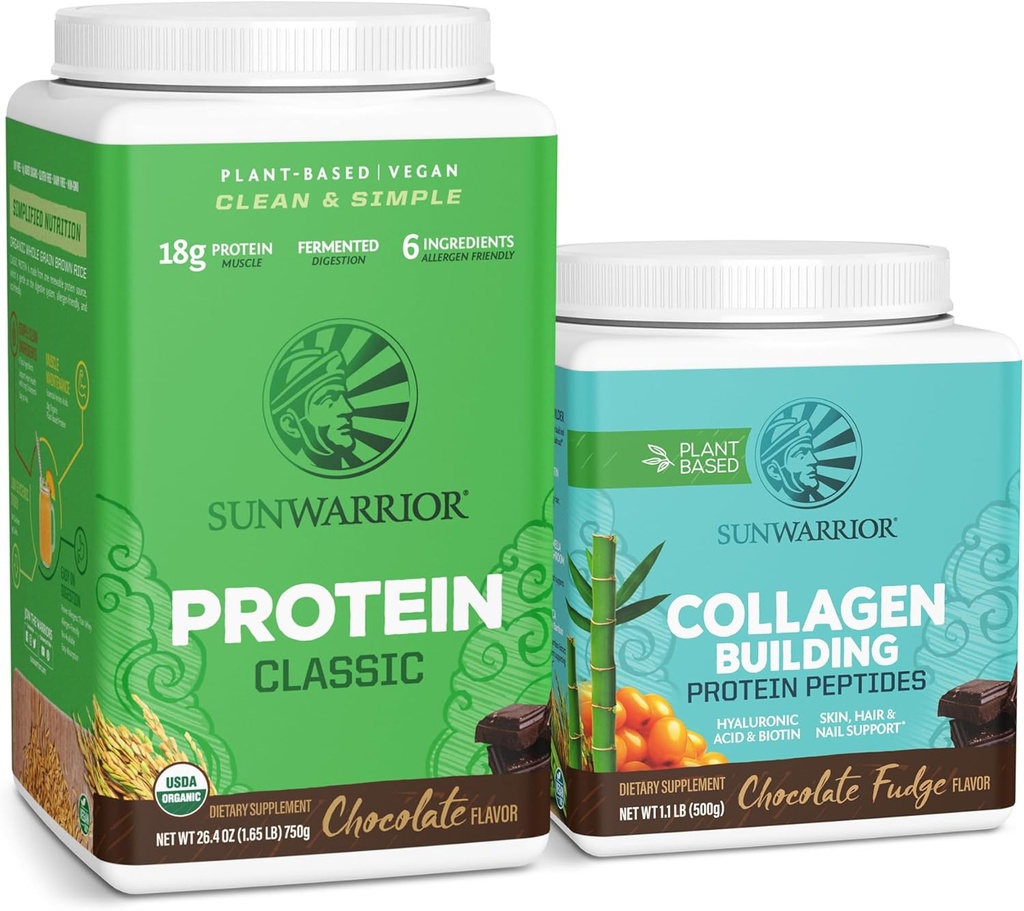 Sunwarrior Classic Vegan Protein Pulver | Pflanzenbasiert 30 Servierungen, Schokolade & Collagen Baupulver Hyaluronsäure | 20 Servierungen, Schokolade Flavored