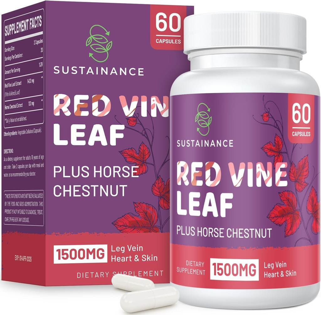 Extrait de feuille de vigne rouge 1400mg et extrait de châtaigne de cheval 100mg supplément diète pour les jambes, la veine, la circulation, le cœur, la peau (60 capsules)