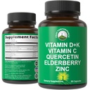 Supplément de soutien immunitaire avec 6 ingrédients top. Vitamine D3 K2 + Vitamine C + Elderberry + Zinc + Quercetine. Comprend 5000 UI de vitamine D. Zinc 15mg. Suppléments pour les femmes et les hommes