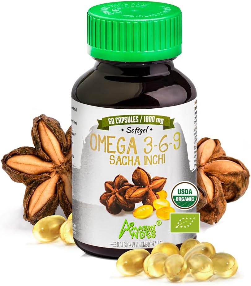 Andes Sacha Inchi Capsules (Plukenetia volubilis) - Source d'Oméga 3, 6, 9 avec des acides gras essentiels - Sans odeur et de source durable - Support de la fonction cérébrale - 60 pilules Softgel (1000mg)