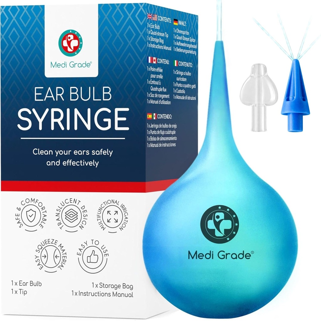 Medi Grade Ear Bulb Syringe - Effektive Ohr Wax Removal Tool mit Add-on Quad-Stream Tip - Travel-Friendly Ear Cleaning Kit für Gentle Ear Cleaning - Ear Flusher for Ear Wax - 2.54 fl oz