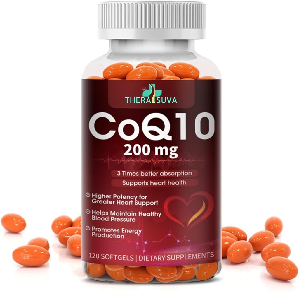 CoQ10 à haute absorption 200 mg – Softgels sans gluten pour le soutien du cœur, de l'endurance et du cerveau - 60 jours d'approvisionnement, 120 comtes