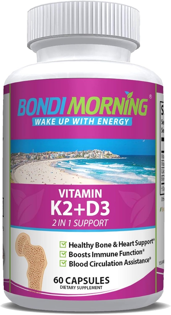 Vitamin K2 + D3 Nahrungsergänzungsmittel für Knochen und Herz - Hohe Potenz 5000IU Vitamin D3 & 100mg Vitamin K2 (MK7) Kapseln für optimale Calciumabsorption - 60 Vegan Kapseln