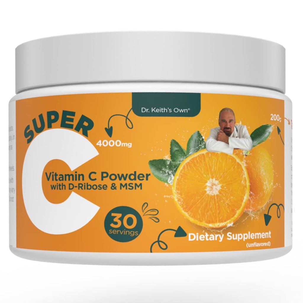 Dr Keith's Own Super C-High Dose Powdered Vitamine C 4000mg avec D-Ribose, Glycine, MSM-Highly Absorbable, Stomach-Afriendly, Collagen Boost, Imune Support-Non aromatisé, 200 Grams (30 portions)