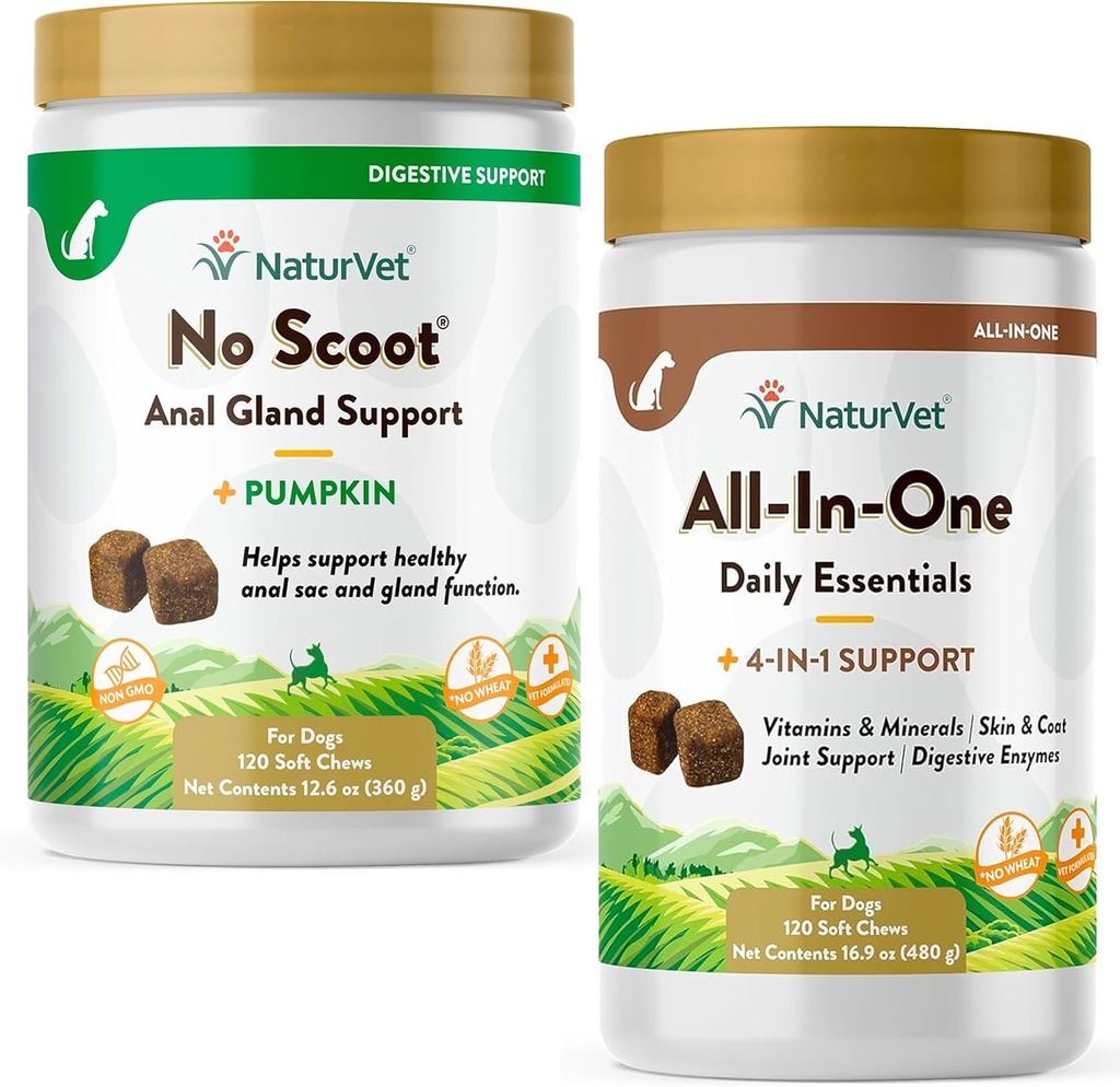 Supplément pour chien tout-en-un NaturVet - pour le soutien articulaire, la digestion, la peau, le soin du manteau – 120 Chews doux et pas de scoot pour chiens - 120 Chews doux - soutient la fonction saine Anal Gland & Bowel