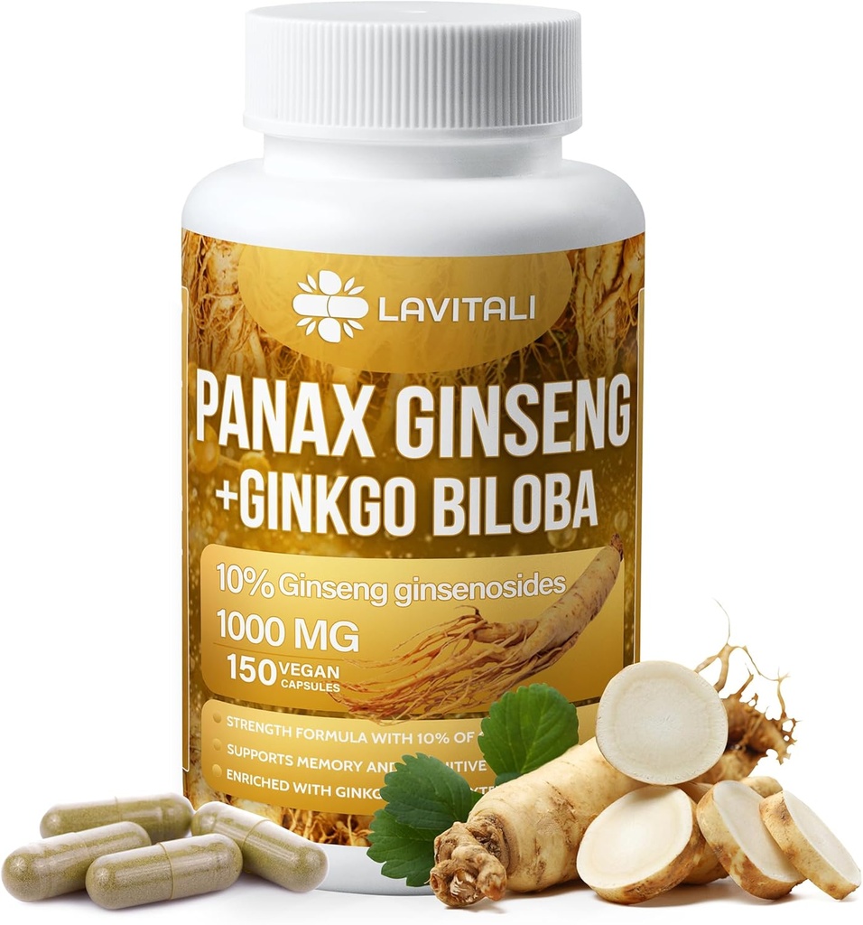 Ginseng & Ginkgo Biloba 150 Veggie Kapseln, Energie Ginseng Root Extrakt Pulver, mit Ginkgo Biloba Extrakt, 100% natürlich & Non-GMO, Vegan, Glutenfrei, Dairy Free