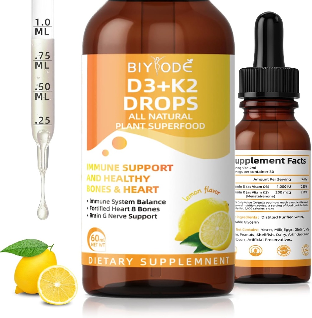 Vitamin D3 K2 Flüssigkeitstropfen – Liposomal 1000 IU D3 & 200 mcg K2 MK-7 – Hohe Absorption, Immun-, Knochen- und Herzunterstützung, Non-GMO, Zitronengeschmack, 60ml