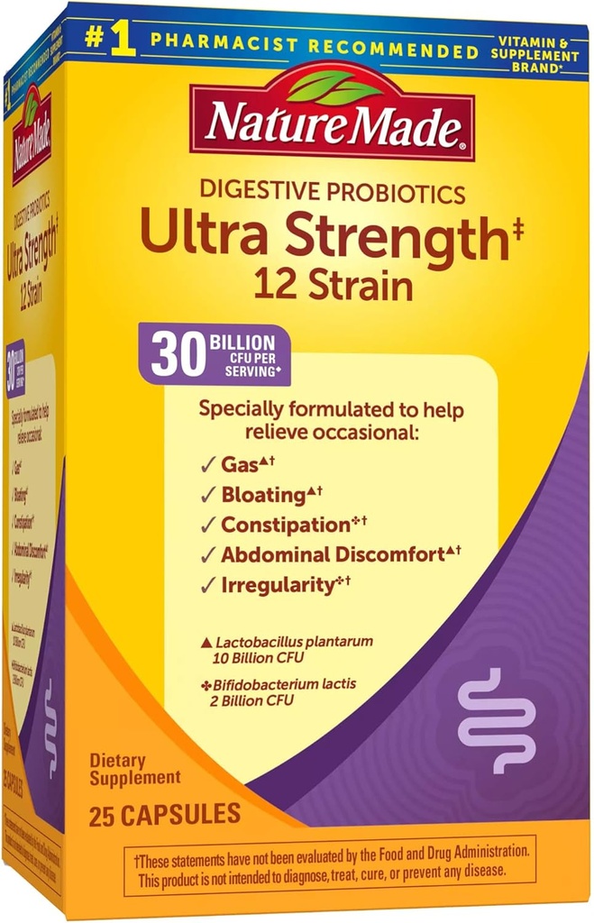 Nature faite Ultra Strength 12 souche probiotiques digestifs, probiotiques pour les femmes et les hommes, 25 capsules probiotiques, 25 jours d'approvisionnement