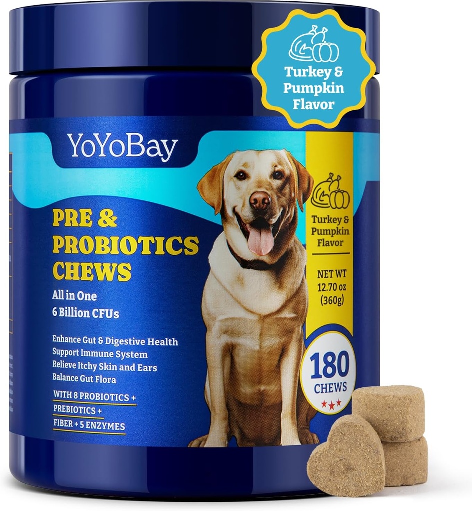 Probiotika für Hunde - 6 Billion CFUs, Dog Probiotics mit Präbiotika & Verdauungsenzyme für Gut, Immune & Skin Health - Türkei & Kürbis Geschmack, 180 Soft Chews