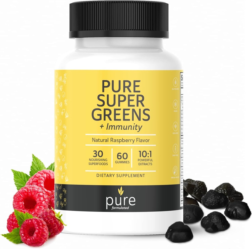 Super Greens Multivitamin Gummi für Erwachsene und Kinder Immununterstützung Gummi - 30 Superfoods Vegan Ergänzungen - Natürliche Himbeere Geschmack (60 Count)