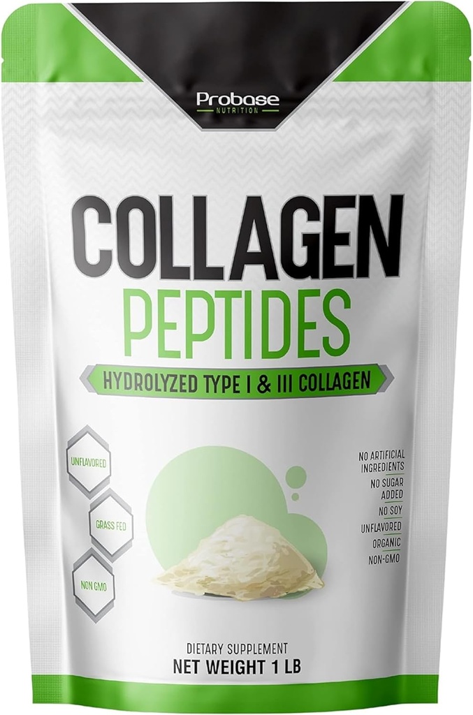 Probase Nutrition Collagen Peptides Powder (Typ I, III) für Skin Hair Nail Joint, hydrolysiert für bessere Collagen Absorption, Non-GMO Verified, Keto Friendly und Glutenfrei, Weiß, 16 Oz