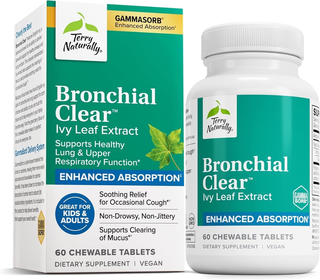 Terry naturellement Bronchial clair extrait de feuille d'Ivy Chewable - Supplément de soutien pour la santé pulmonaire et respiratoire - Supplément alimentaire avec extrait de feuille d'Ivy anglais - 60 comprimés à croquer (60 portions)