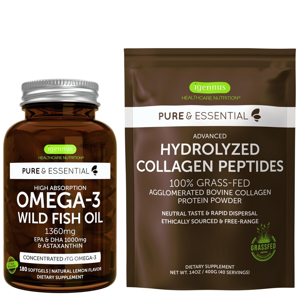 High Absorption Omega-3 Wild Fish Oil 1360mg & Advanced Hydrolyzed Collagen Peptides Bundle, 1000mg EPA & DHA mit Astaxanthin & 100% Gras Fed Bovine Collagen Protein Powder, von Igennus