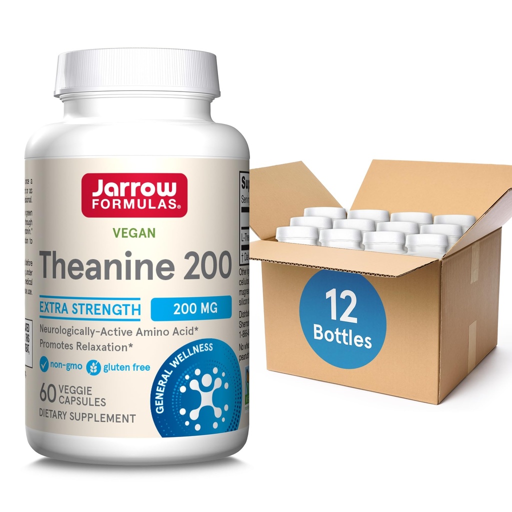 Jarrow Formeln Extra Strength Theanine 200 mg, Nahrungsergänzungsmittel, die Entspannung fördert, Aminosäure-Ergänzung für Entspannungsunterstützung, 60 Veggie Kapseln, 60 Tage Versorgung, Paket von 12