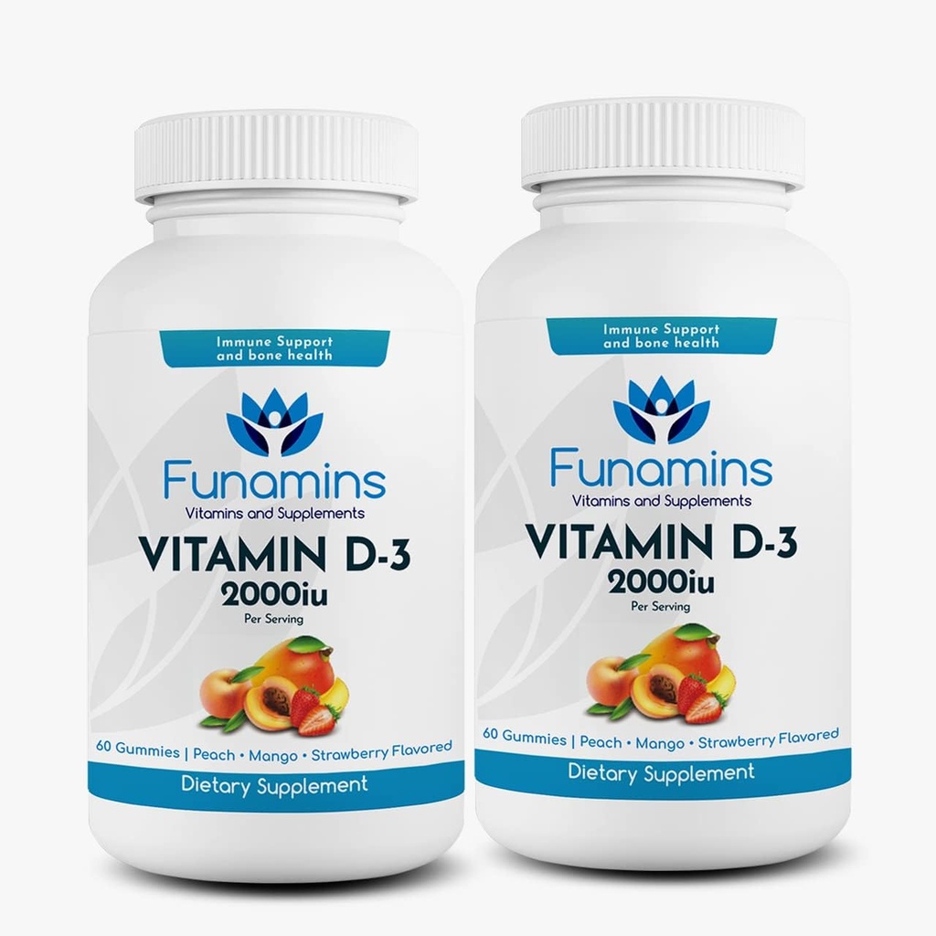 Vitamin D3 Gummie, 2-Pack, 60 Count Jeder, 2000iu per Servieren, unterstützt Immunsystem und Knochengesundheit; für Kinder & Erwachsene; Peach, Mango, Erdbeeren Flavors