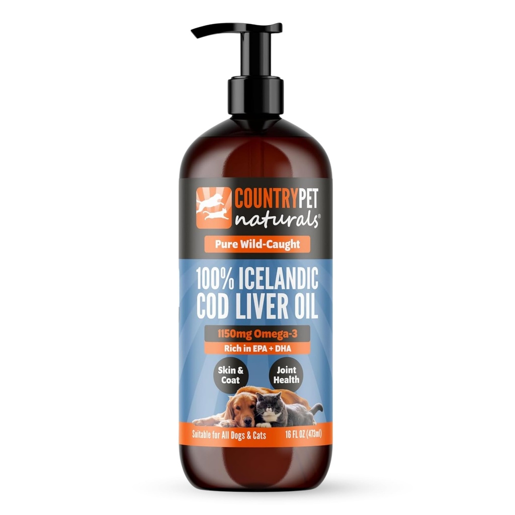 Wild Caught Pure Cod Liver Oil 16oz Höchstes Omega 3 1150mg/tsp, Höchste Reinheit, High EPA/DHA, Vitamin A & D - Reduziert Juckreiz, Gesunde Haut & Coat, Mobilität, BPA-frei, Pumpe inkl.