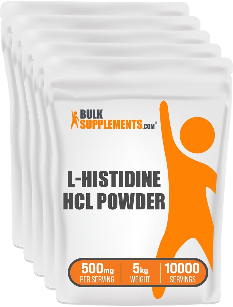BulkSupplements.com Poudre de HCl L-Histidine - Supplément L-Histidine, Histidine 500mg - Acides aminés essentiels, sans gluten, 500mg par portion, 5kg (11 lbs) (paquet de 5)