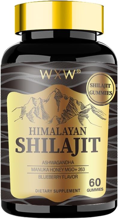WXW Himalayan Shilajit Gummies, 60 Count, Blueberry Flavor, Unterstützt nach Training Erholung, Immunsystem, Verdauung, Geist & Gedächtnis, Gesundes Herz, Kognitive Fähigkeiten (1 Flasche, Gold Shilajit)