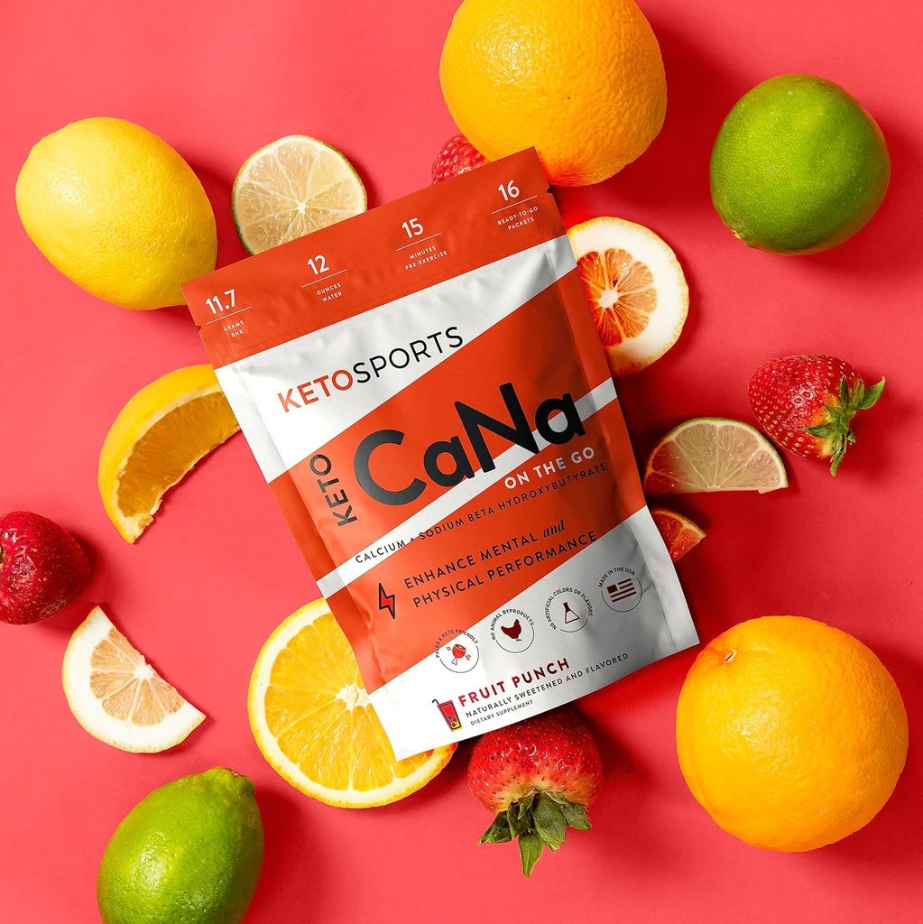 KetoSports Nouveau KetoCaNa GO (Fruit Punch) Supplément de kétone diététique pour la performance physique et mentale, Keto et Paléo-Amis, naturellement sucré et aromatisé 16 Stick Packs