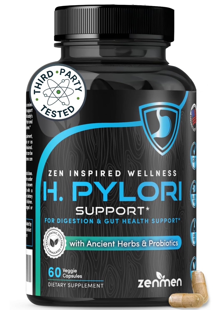 Zenmen H. Pylori Support : Lactobacillus Reuteri Probiotique avec Gum mastic pour la digestion et la santé GI - Testé par une tierce partie, 60 Capsules Vegan, Fabriqué aux États-Unis