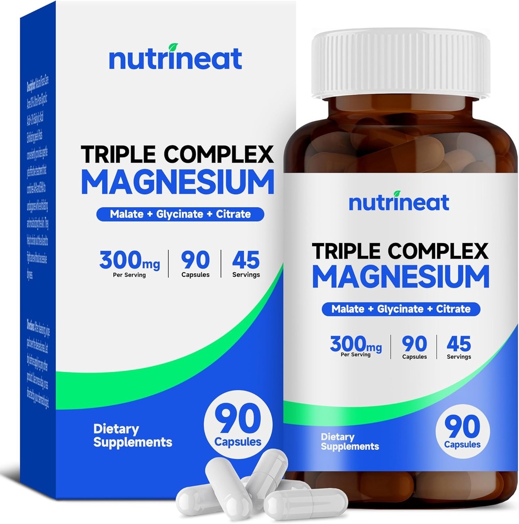 Triple Magnesium Complex (90 Kapseln), 300 mg Magnesium Glycinat, Citrat & Malate für Muskeln, Nerven, & Energie, hohe Absorption, Vegan, Non-GMO