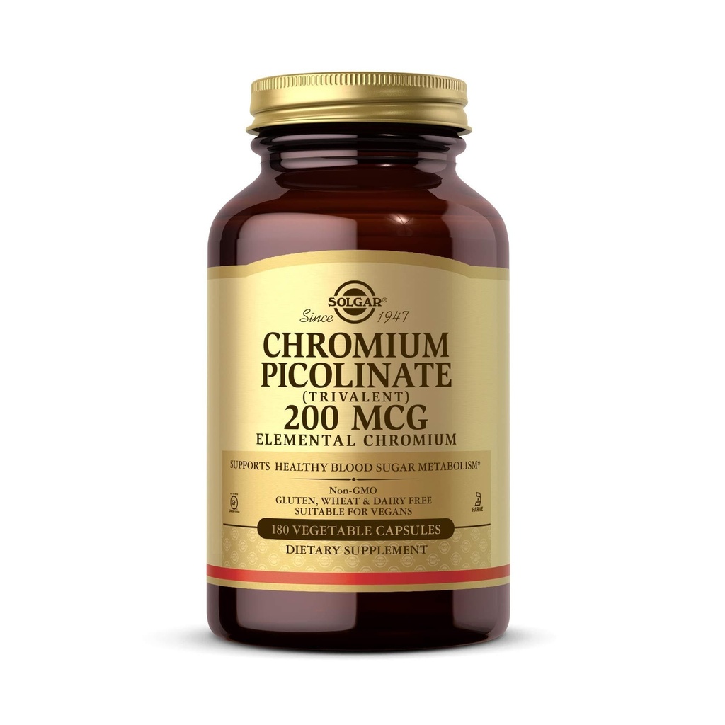 Solgar Chromium Picolinate 200 mcg, 180 Gemüsekapseln - Unterstützt gesunde Blutzucker Stoffwechsel - Non-GMO, Vegan, Glutenfrei, Dairy Free, Kosher - 180 Servierungen