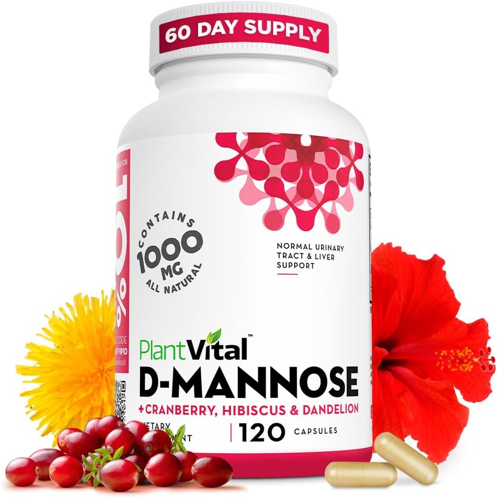 Capsules de mannose D Plantvital avec canneberge - D-mannose Capsules de 1000mg - Haute puissance pour le soutien de la vésicule, du rein et du trac urinaire. Poudre de canneberge avec Hibiscus et Dandelion. 2 mois