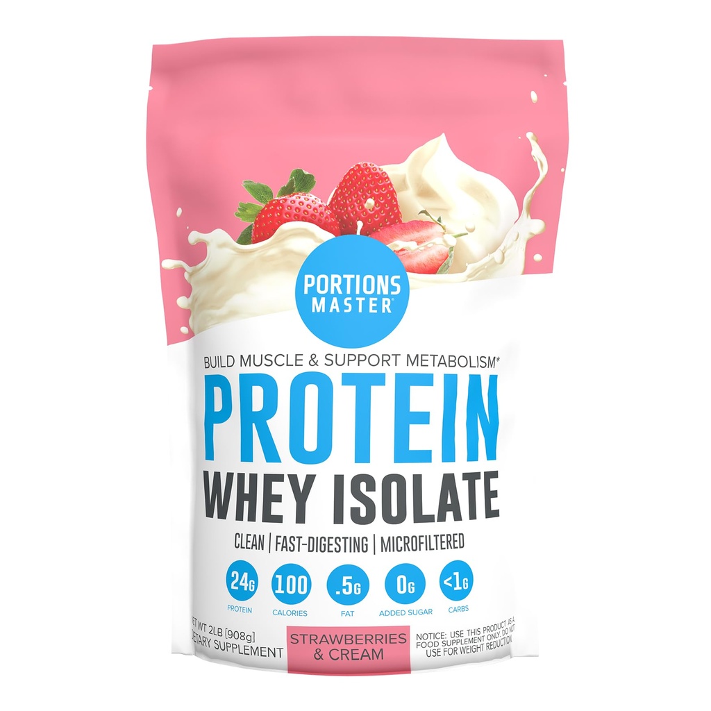 Portions Master CFM Poudre de protéines isolées de lactosérum, 2 LB, 23g de faible teneur en glucides, faible en gras, traité à froid, absorption rapide, croissance musculaire et soutien à la récupération (frais et crème)