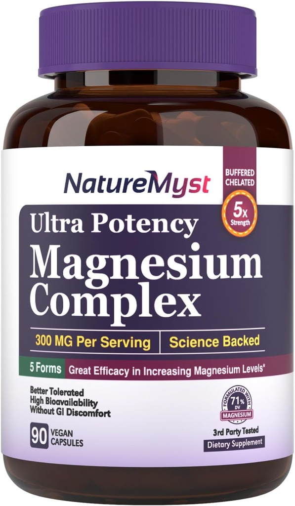 Magnesium Complex, 300 mg Elemental Magnesium, Glycinate, Citrate, Malate, High Potency, Best Absorption, for Muscle, Nerve, Heart, Sleep, Constipation & More, 90 Vegan Caps