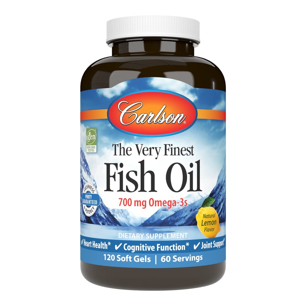 Carlson - L'huile de poisson la plus fine, 700 mg Omega-3s, supplément d'huile de poisson norvégien, huile de poisson Omega-3 prise sauvage, capsules d'huile de poisson d'origine durable, supplément Omega 3, citron, 120 Softgels