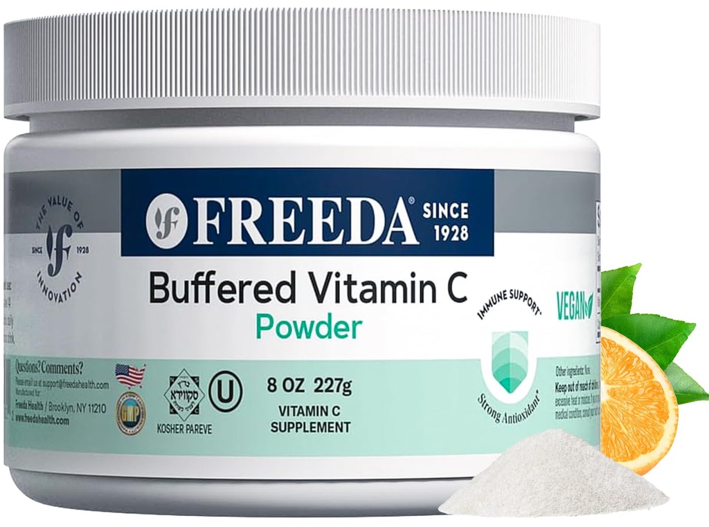 FREEDA Gepuffertes Vitamin C-Pulver (Calcium Ascorbate) – Nicht-Acidic, Stomach-Friendly Vitamin C für empfindliche Personen – Vegan, Kosher, Sugar-Free Immun Support – 8 oz