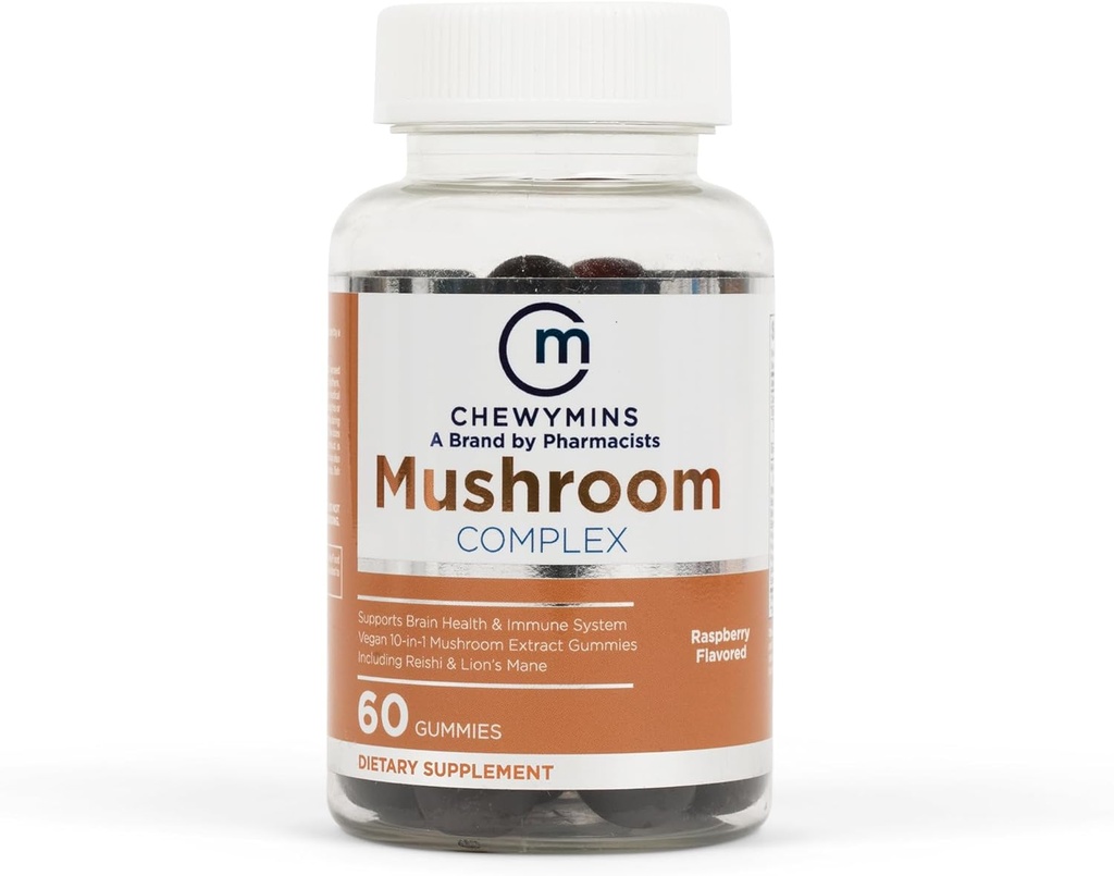 Gommies du complexe des champignons halaux - Arôme des framboises - Non-OGM, biologique et végétalien - Soutient la santé cérébrale et le système immunitaire - Extrait de champignons 10-en-1 - 60 Gommies