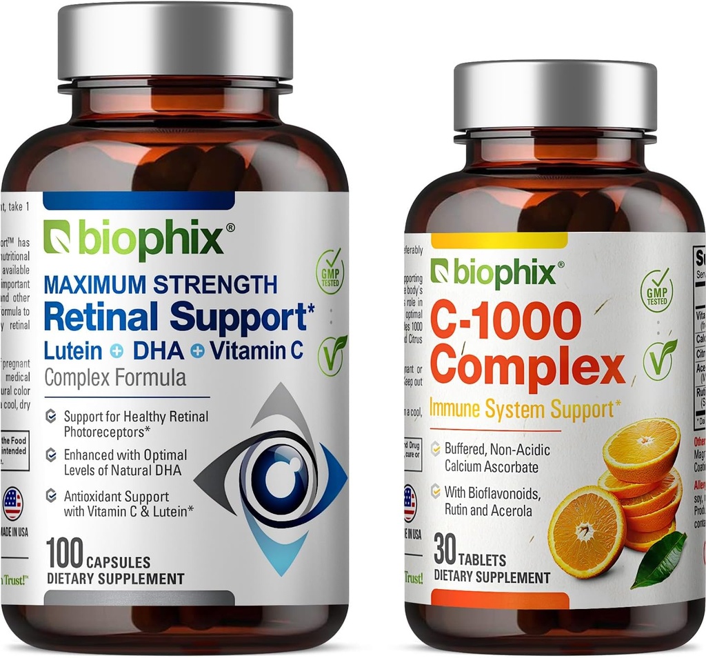 biophix Retinal Support Maximum Strength Complex Formel 100 Kapseln - Kostenlose C-1000 30 Tabletten - Zink Vitamin C E Lutein DHA Omega-3 Astaxanthin Hyaluronsäure - Unterstützt Augen Vision Gesundheit