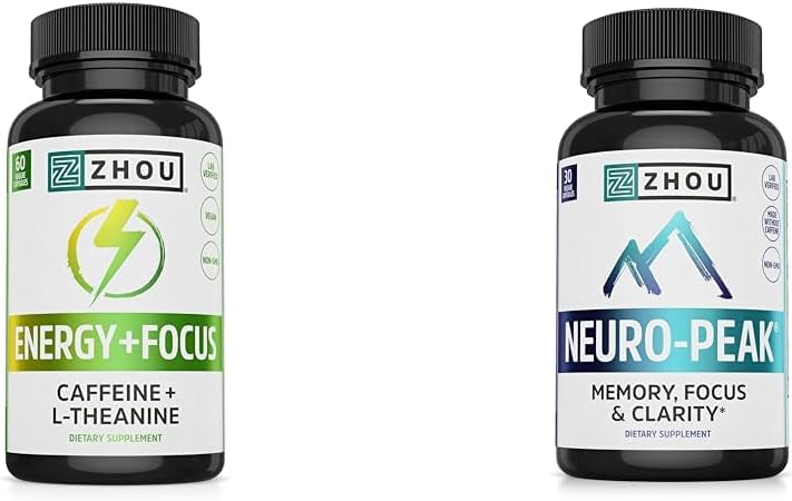 Zhou Koffein 100mg L-Theanin 200mg Nootropic 60 Kapseln und Neuro Peak Gehirn Unterstützung DMAE Bacopa 30 Kapseln