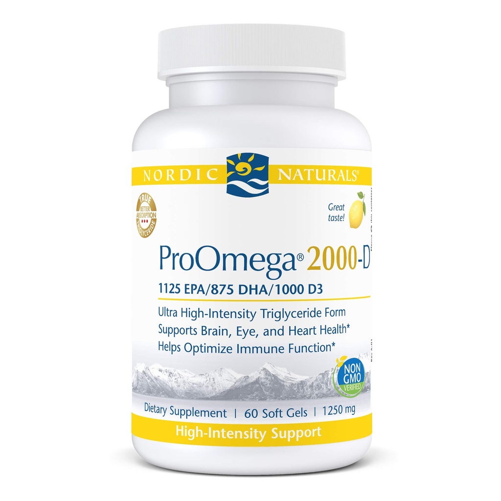 Nordic Naturals ProOmega 2000-D - Fischöl, 1125 mg EPA, 875 mg DHA, 1000 IU Vitamin D3, Herz-Kreislauf-, Neurologie-, Augen- und Immungesundheit, Zitronengeschmack, 60 Weichgel