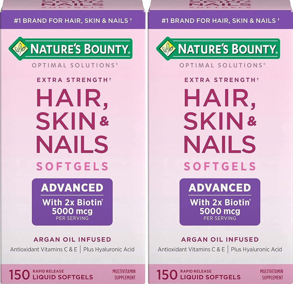 Bounty Hair, Skin & Nails de la nature libération rapide softgels, supplément de vitamine argan-infusé avec biotine et acide hyaluronique, soutient les cheveux, la peau, et la santé des ongles pour les femmes, 150 comtes (paquet de 2)