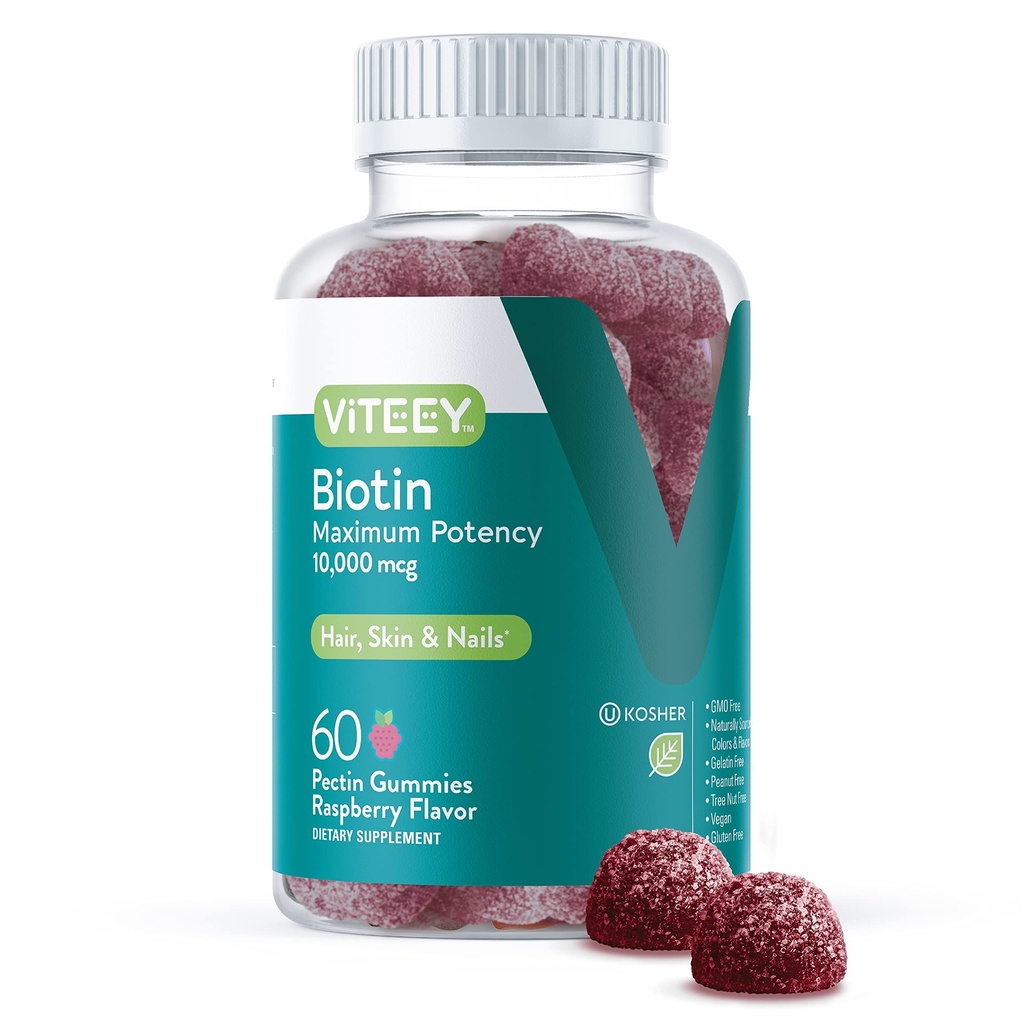 Gommies de biotine Viteey pour la peau et les ongles des cheveux - Biotine pour les Gommies de croissance des cheveux - 10 000 mcg - Vegan, sans gluten, non-OGM – 60 Compte