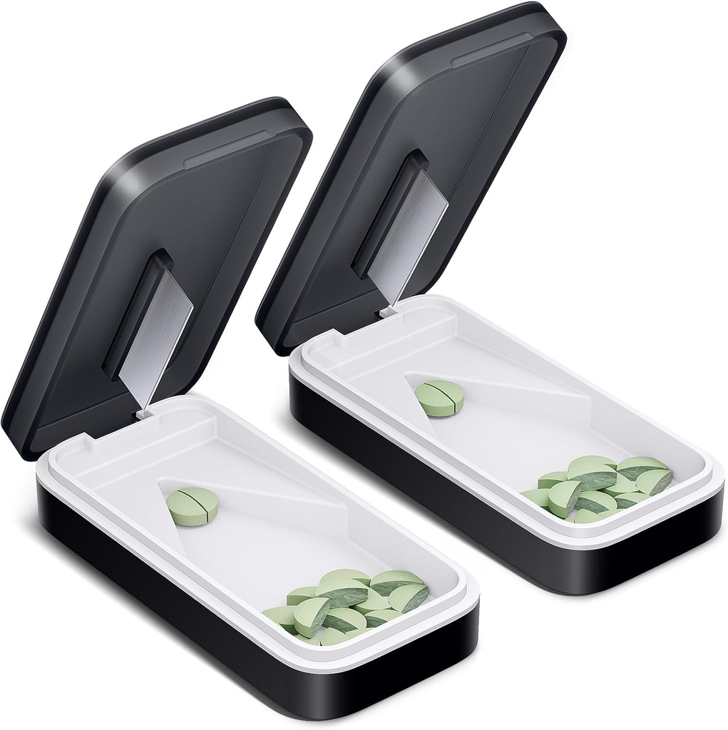ONE PIX Pille Cutter 2 Pack, Pille Splitter mit Edelstahl Klinge, Pille Cutter Splitter für kleine und winzige Pillen mit V-Shaped Design, Pillenschneider für kleine oder große Pillen Professional (Black 01)
