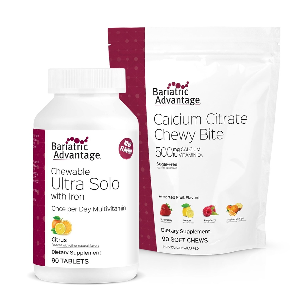 Avantage bariatrique Récupérable Ultra Solo avec Fer - Citrus, 30 Citrate de calcium et Bites de chips 500 mg - Aromatisés de fruits assortis,90 Compte