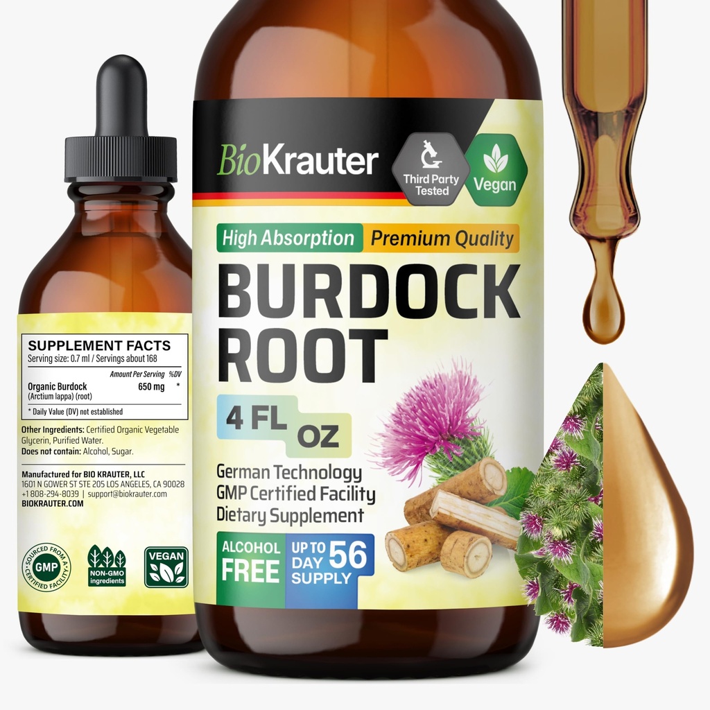 BIO KRAUTER Teinture de racine de bardane - Supplément liquide de soutien antioxydant - Extrait de racine de bardane - Sans alcool et sans sucre - gouttes de végétalien 4 Fl.Oz.