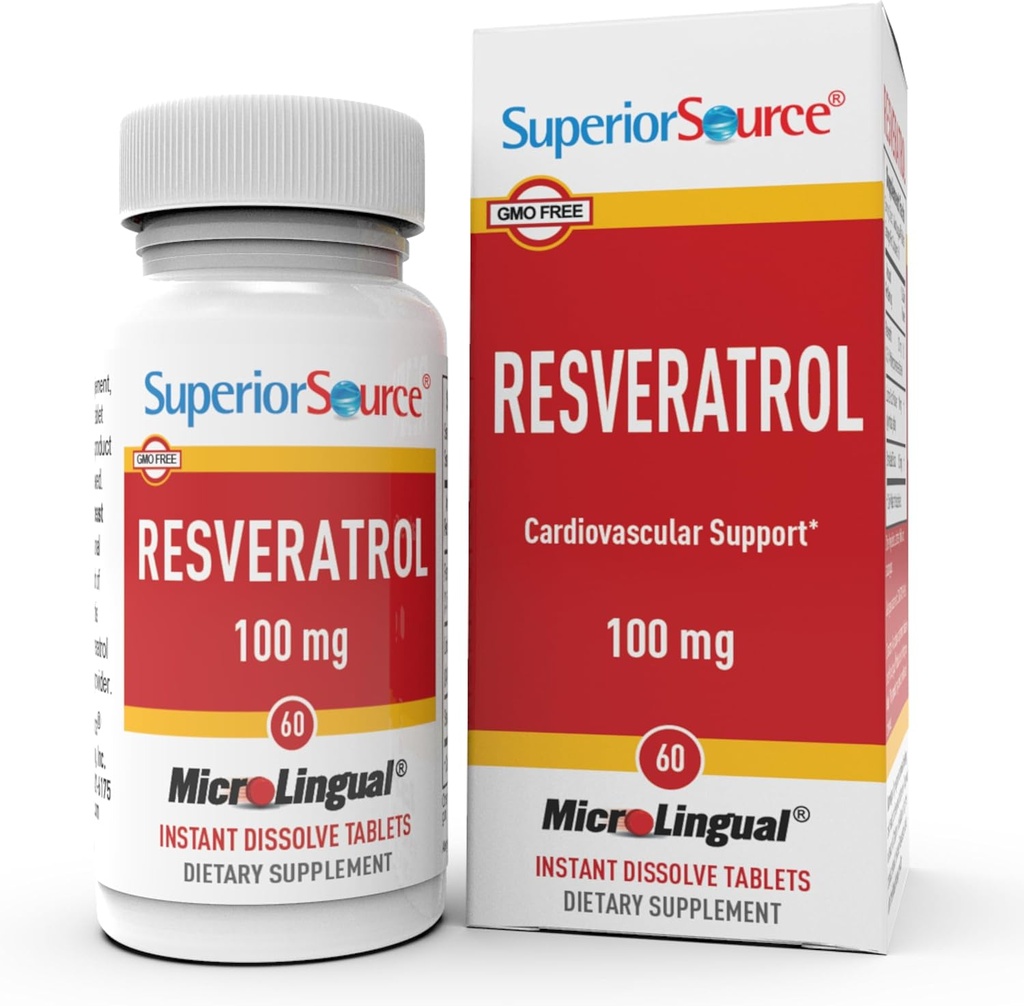 Überlegene Quelle Resveratrol 100 mg - Nahrungsergänzungsmittel für gesundes Altern - Unterstützt Gehirn & Herzgesundheit - Non-GMO & Gluten-Free - 60 MicroLingual Instant-Dissolve Tabletten