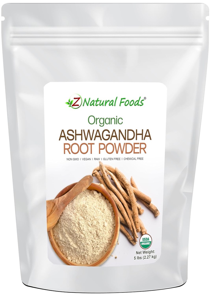 Z Aliments naturels Poudre de racine biologique Ashwagandha - Bulk 5 lb Taille - Adaptogène puissant et Superstar ayurvédique - Faites vos propres capsules et pilules - 100% Pure, Raw, Chemical Free, Non-OGM